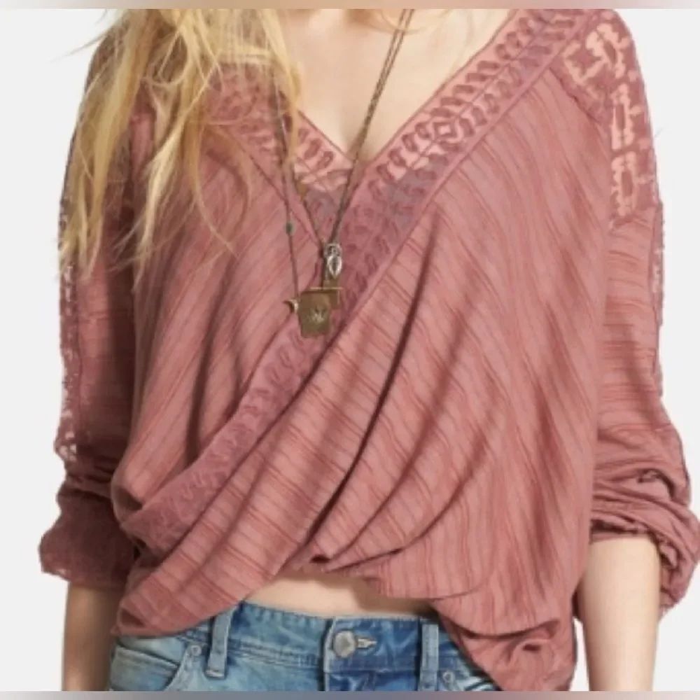 Free People Valley City Lace Mesh Panel Rose Top S
